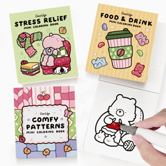Mini Coloring Book Set of 3 (3 x 3.5 in) – Stress Relief, Food & Drink, and Comfy Patterns